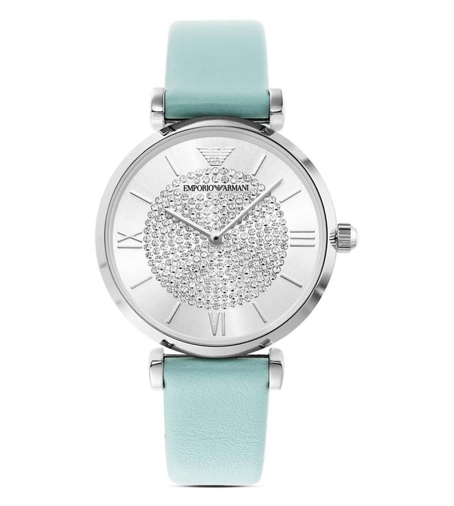 Emporio Armani Gianni T Bar Analog Crystals Silver Dial Blue Leather Strap Watch For Women - AR11443 - Image 3